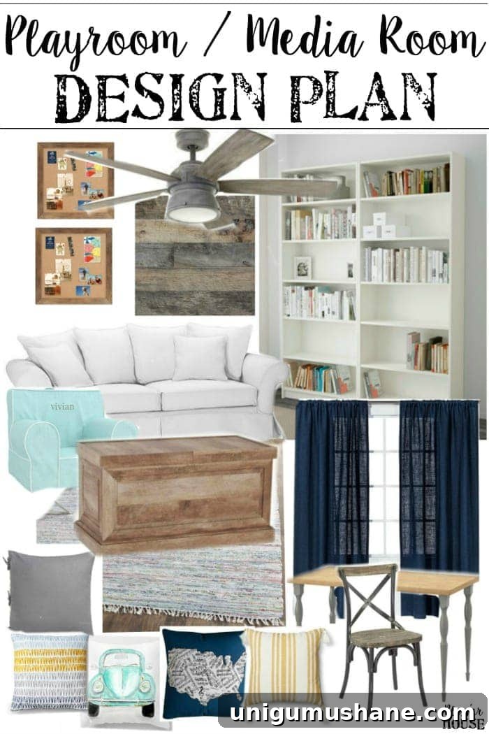 Playroom Media Room Design Plans | blesserhouse.com - A modern rustic playroom / media room combo that's cheerful and cozy.