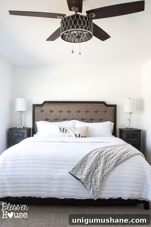 Rustic Modern Master Bedroom Makeover and Decor Sources 2 Rustic Modern Master Bedroom Reveal + Sources | blesserhouse.com - A plain white, boring builder grade space gets a rustic modern master bedroom makeover using DIY home improvement tricks and decor shopping on a budget.