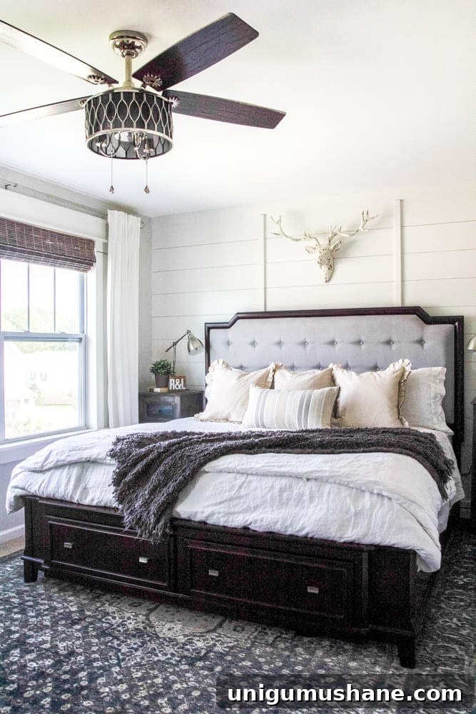 Rustic Modern Master Bedroom Makeover and Decor Sources 11 Rustic Modern Master Bedroom Reveal + Sources | blesserhouse.com - A plain white, boring builder grade space gets a rustic modern master bedroom makeover using DIY home improvement tricks and decor shopping on a budget.