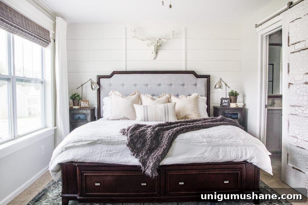 Rustic Modern Master Bedroom Makeover and Decor Sources 15 Rustic Modern Master Bedroom Reveal + Sources | blesserhouse.com - A plain white, boring builder grade space gets a rustic modern master bedroom makeover using DIY home improvement tricks and decor shopping on a budget.