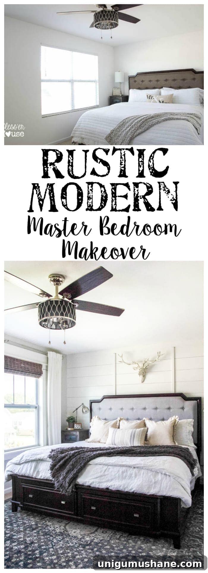 Rustic Modern Master Bedroom Makeover and Decor Sources 16 Rustic Modern Master Bedroom Reveal + Sources | blesserhouse.com - A plain white, boring builder grade space gets a rustic modern master bedroom makeover using DIY home improvement tricks and decor shopping on a budget.