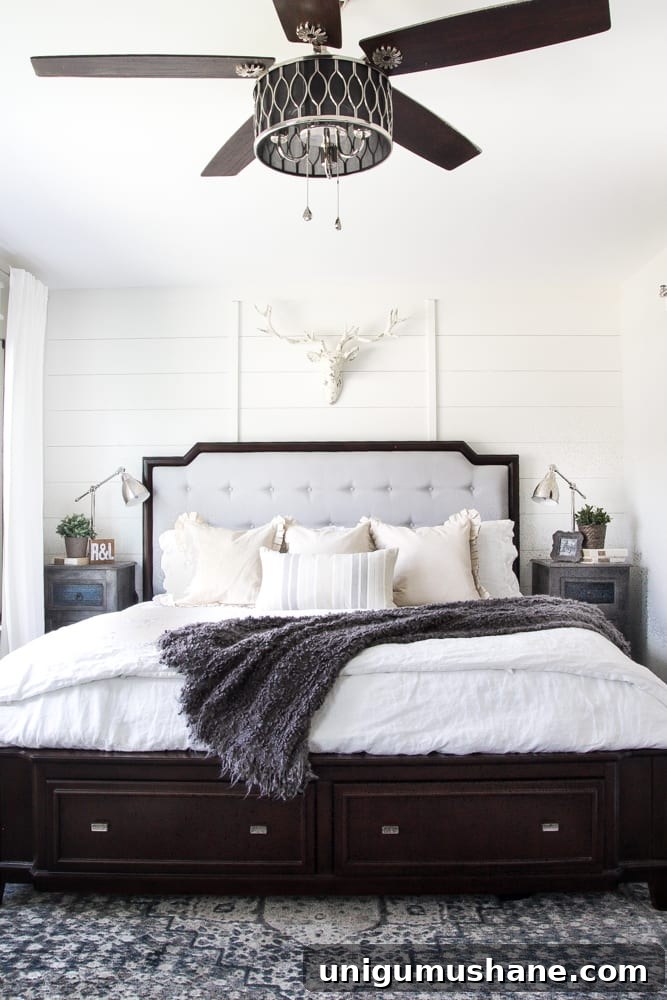 Rustic Modern Master Bedroom Makeover and Decor Sources 3 Rustic Modern Master Bedroom Reveal + Sources | blesserhouse.com - A plain white, boring builder grade space gets a rustic modern master bedroom makeover using DIY home improvement tricks and decor shopping on a budget.