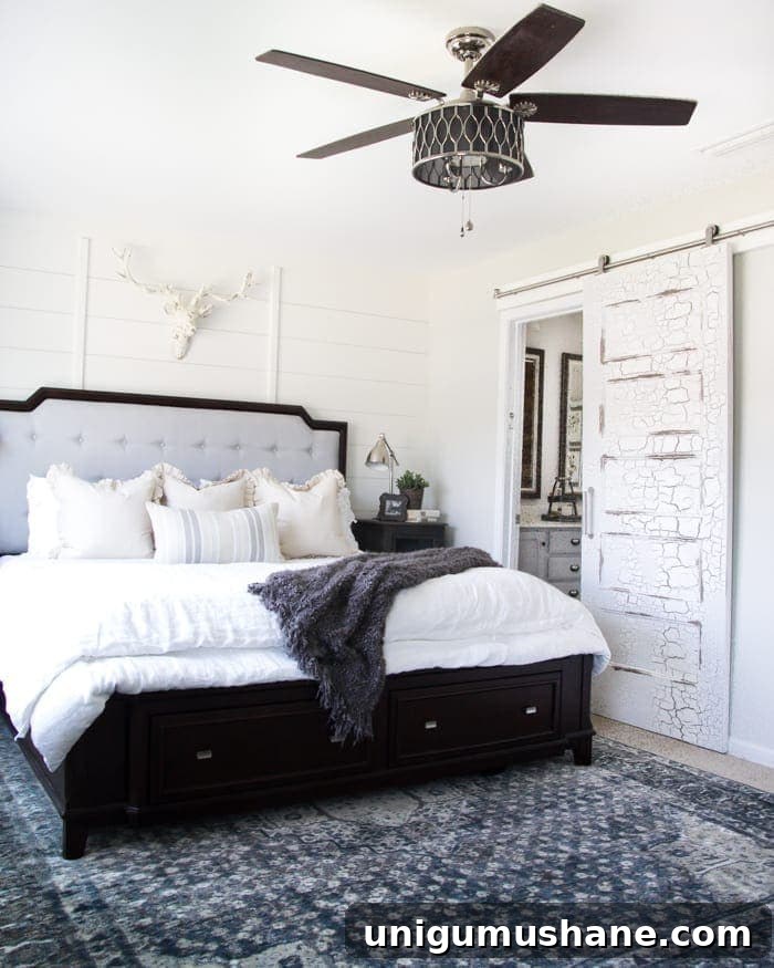 Rustic Modern Master Bedroom Makeover and Decor Sources 4 Rustic Modern Master Bedroom Reveal + Sources | blesserhouse.com - A plain white, boring builder grade space gets a rustic modern master bedroom makeover using DIY home improvement tricks and decor shopping on a budget.