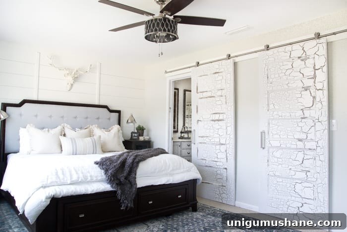 Rustic Modern Master Bedroom Makeover and Decor Sources 7 Rustic Modern Master Bedroom Reveal + Sources | blesserhouse.com - A plain white, boring builder grade space gets a rustic modern master bedroom makeover using DIY home improvement tricks and decor shopping on a budget.