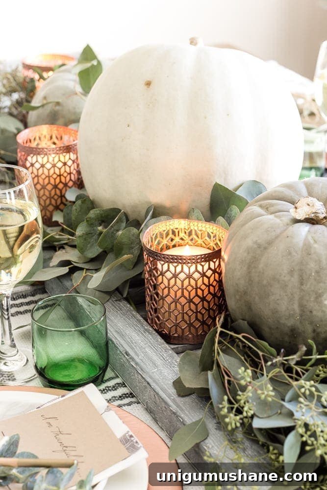 Green and Copper Thanksgiving Tablescape with Printable 8 Green and Copper Thanksgiving Tablescape + Printable | blesserhouse.com - How to style a Thanksgiving tablescape using dollar store finds and repurposing typical items around the house for inexpensive holiday decor.