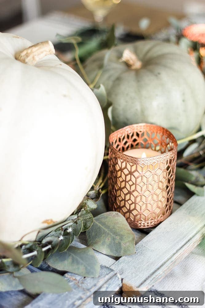 Green and Copper Thanksgiving Tablescape with Printable 6 Green and Copper Thanksgiving Tablescape + Printable | blesserhouse.com - How to style a Thanksgiving tablescape using dollar store finds and repurposing typical items around the house for inexpensive holiday decor.