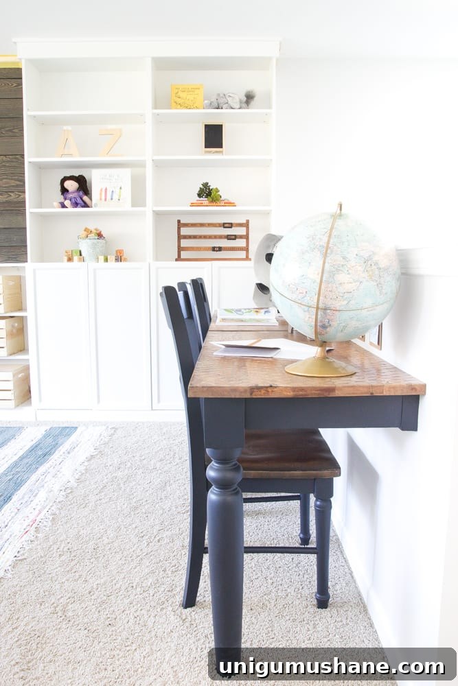 Transform a Kitchen Table into Wall-Mounted Desks: ORC Week 3 8 Repurposed Kitchen Table Turned Desks | blesserhouse.com - How to use a repurposed kitchen table to cut in half and make wall-mounted desks for a playroom makeover with Fusion Mineral Paint Midnight Blue.