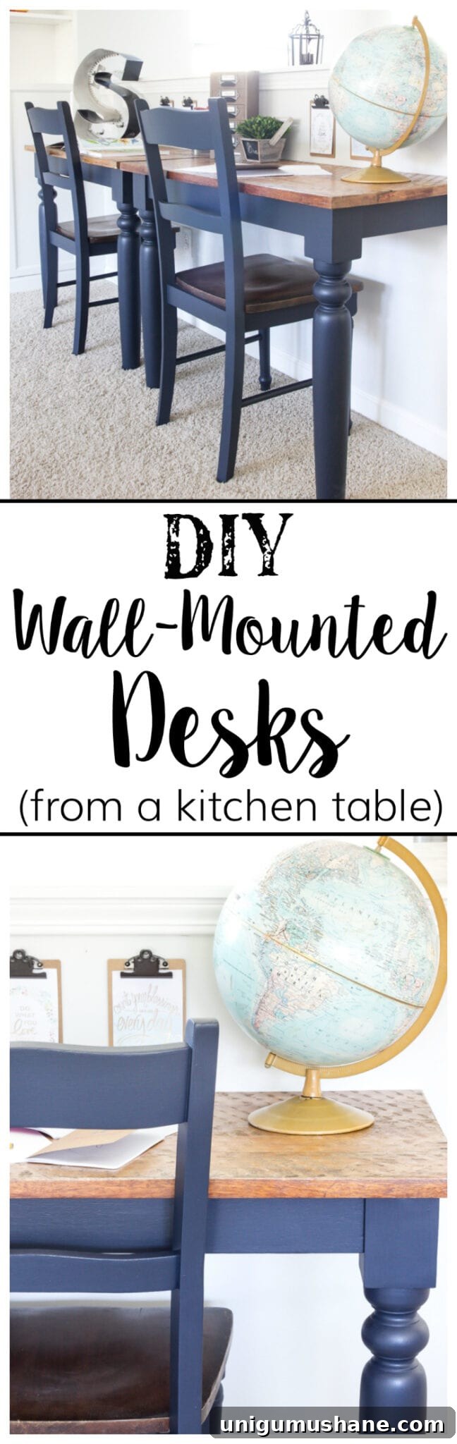 Transform a Kitchen Table into Wall-Mounted Desks: ORC Week 3 9 Repurposed Kitchen Table Turned Desks | blesserhouse.com - How to use a repurposed kitchen table to cut in half and make wall-mounted desks for a playroom makeover with Fusion Mineral Paint Midnight Blue.
