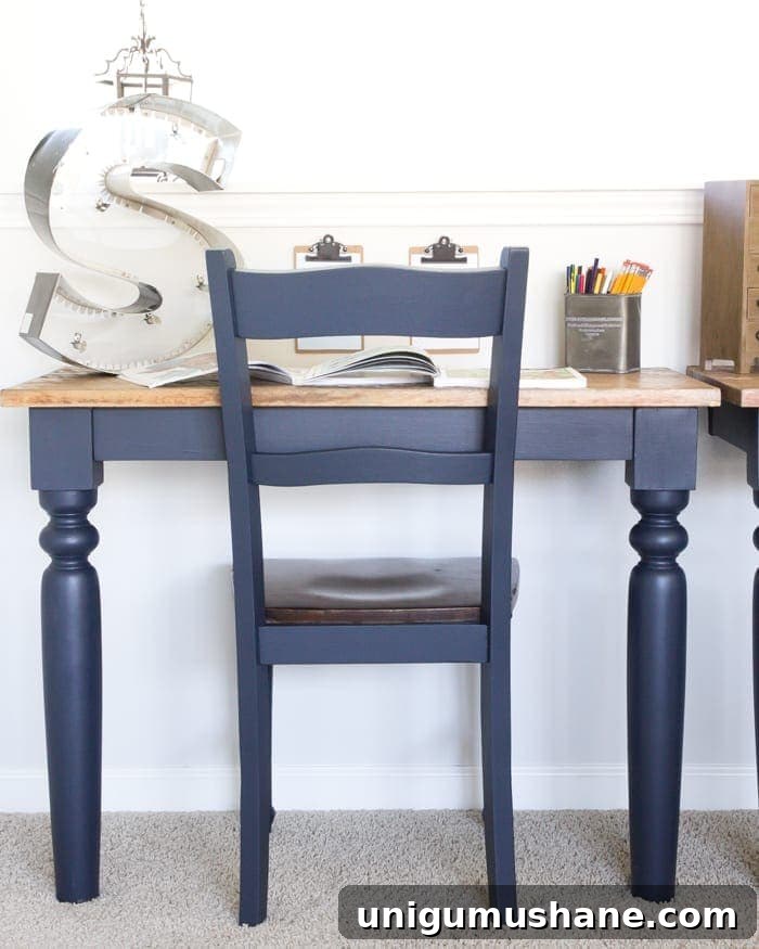 Transform a Kitchen Table into Wall-Mounted Desks: ORC Week 3 6 Repurposed Kitchen Table Turned Desks | blesserhouse.com - How to use a repurposed kitchen table to cut in half and make wall-mounted desks for a playroom makeover with Fusion Mineral Paint Midnight Blue.