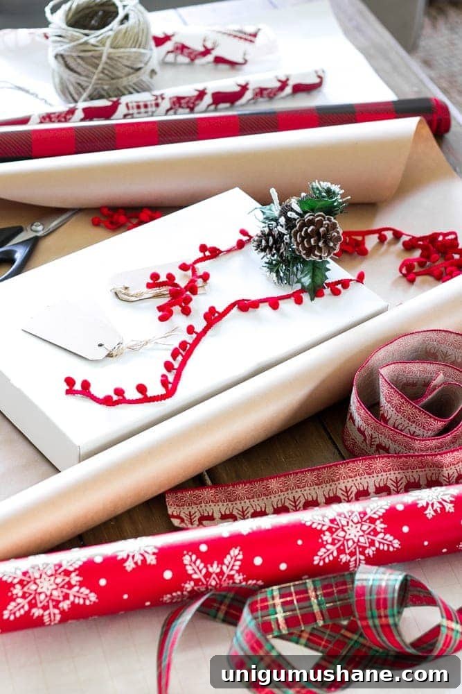 Cozy Christmas Living Room Tour with Holiday Decor Ideas 13 Christmas gift wrapping station on a farmhouse coffee table in a cozy holiday living room.