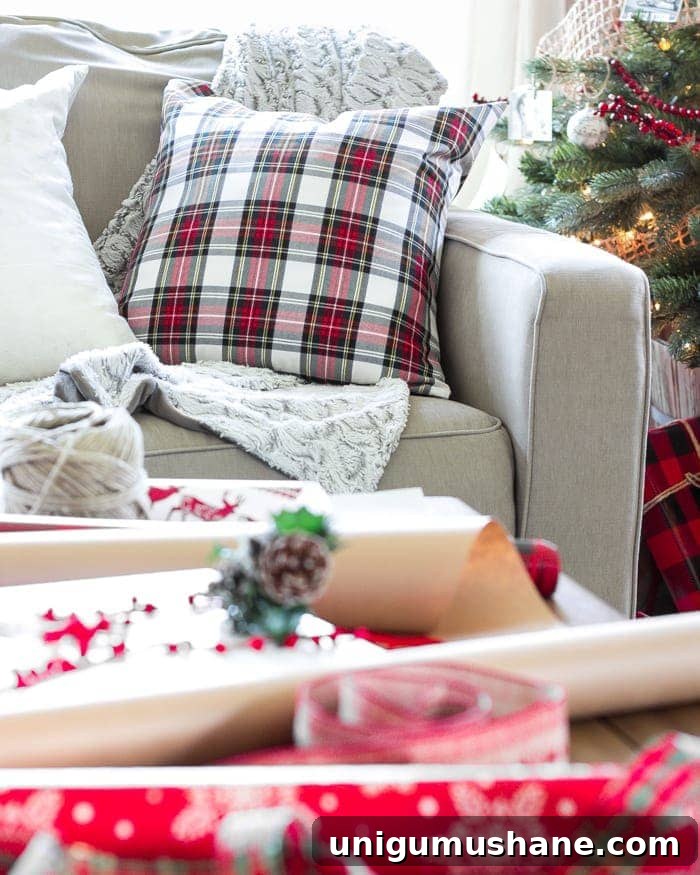 Cozy Christmas Living Room Tour with Holiday Decor Ideas 15 Comfortable Christmas living room sofa with soft pillows, warm textures, and farmhouse style.