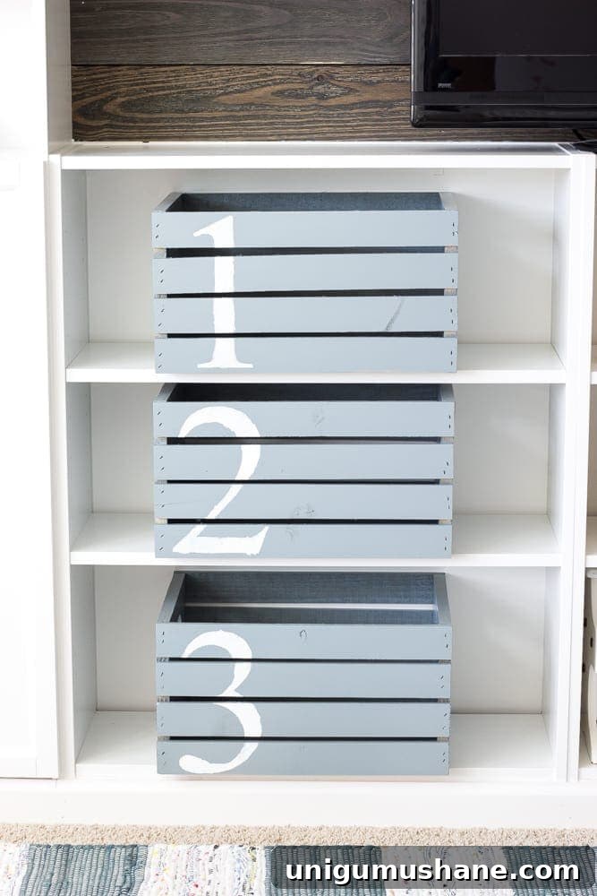 One Room Challenge Week 6: Eclectic Farmhouse Playroom Reveal 8 Wooden crates for toy storage