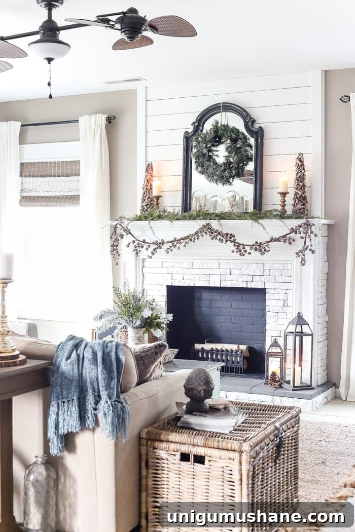 After-Christmas Winter Mantel and Living Room | blesserhouse.com - A tour of an after-Christmas winter mantel and living room with thrifty ideas and creative budget decor to help bring warmth and life to your home. 