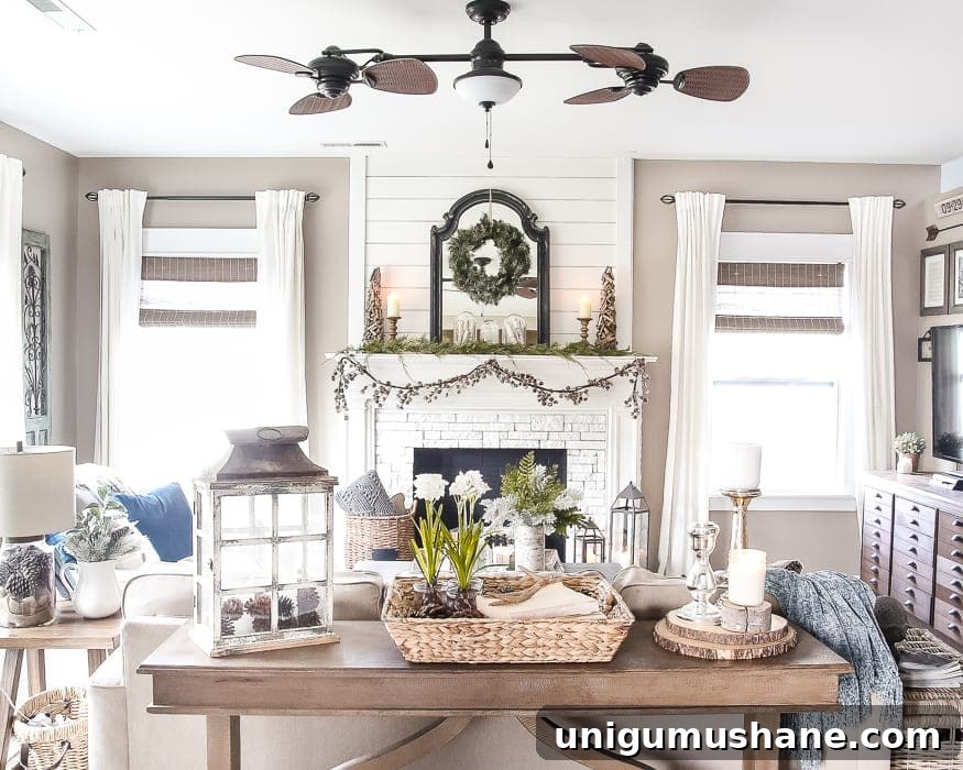 After-Christmas Winter Mantel and Living Room | blesserhouse.com - A tour of an after-Christmas winter mantel and living room with thrifty ideas and creative budget decor to help bring warmth and life to your home. 