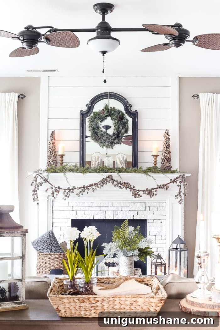 After-Christmas Winter Mantel and Living Room | blesserhouse.com - A tour of an after-Christmas winter mantel and living room with thrifty ideas and creative budget decor to help bring warmth and life to your home. 