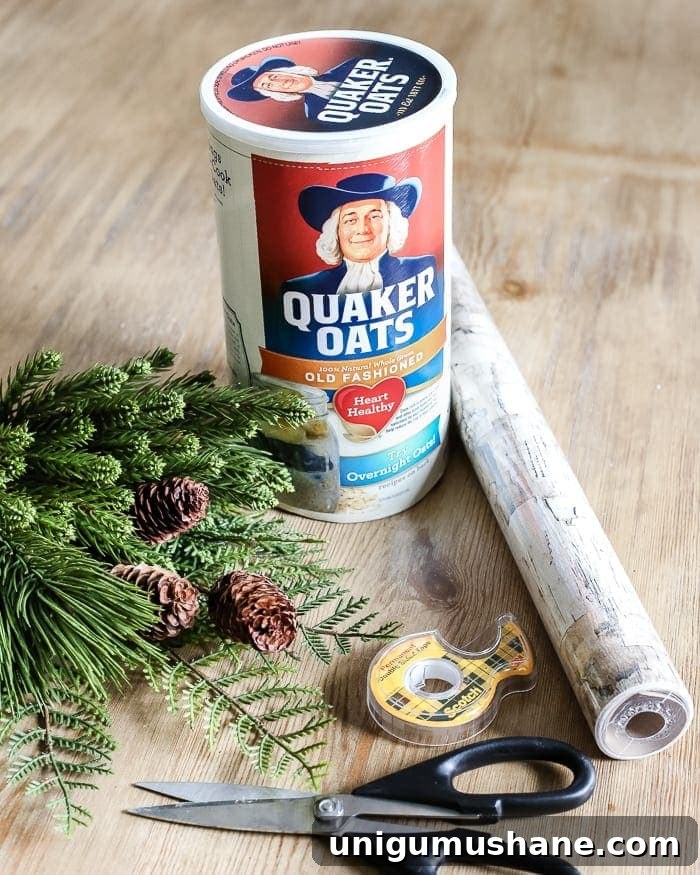 How to Make a Birch Bark Vase for Rustic Home Decor 2 DIY Birch Bark Vase from an Oatmeal Can | blesserhouse.com - A quick tutorial for how to make a DIY birch bark vase for cheap using items from your pantry to create a cozy style for displaying faux florals.