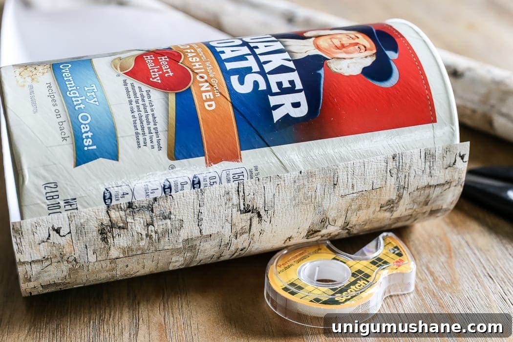 How to Make a Birch Bark Vase for Rustic Home Decor 5 DIY Birch Bark Vase from an Oatmeal Can | blesserhouse.com - A quick tutorial for how to make a DIY birch bark vase for cheap using items from your pantry to create a cozy style for displaying faux florals.