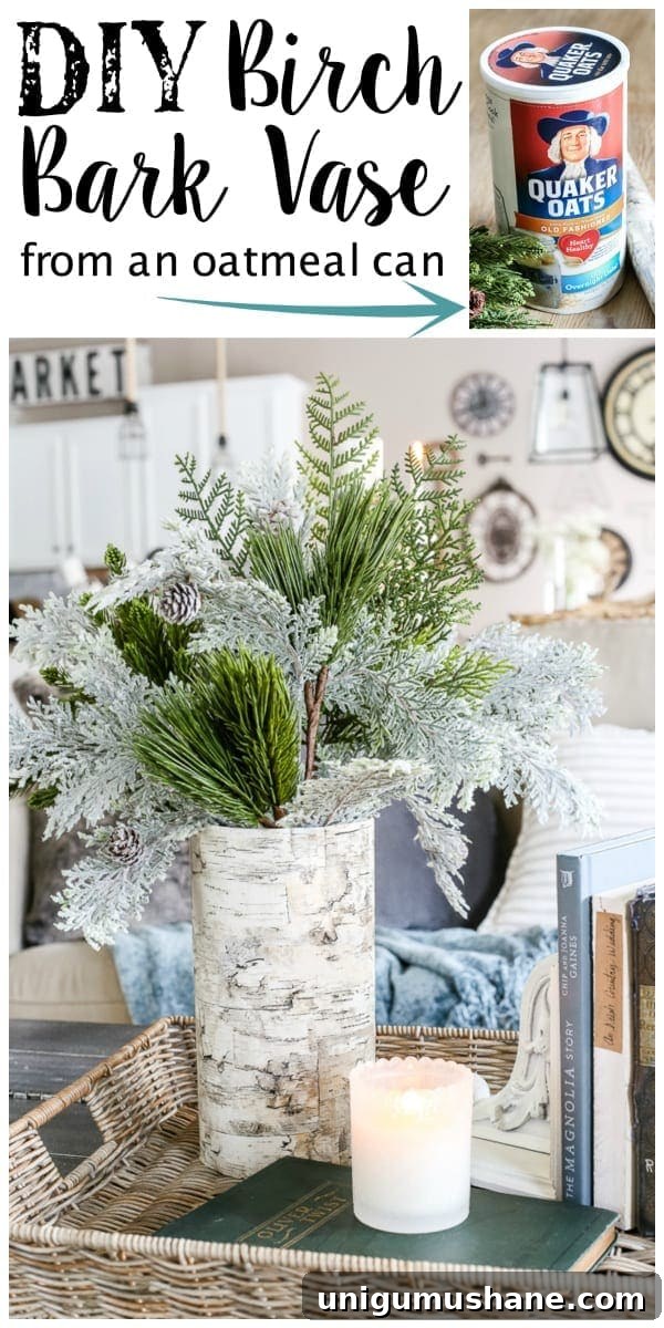 How to Make a Birch Bark Vase for Rustic Home Decor 8 DIY Birch Bark Vase from an Oatmeal Can | blesserhouse.com - A quick tutorial for how to make a DIY birch bark vase for cheap using items from your pantry to create a cozy style for displaying faux florals.