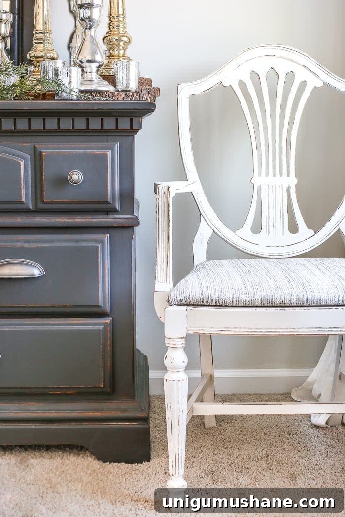 Hand-Painted Raw Silk Accent Chair for Master Bedroom 4 French Style Painted Master Bedroom Chair | Upholstered in navy Magnolia Home fabric and gently distressed for a classic look.