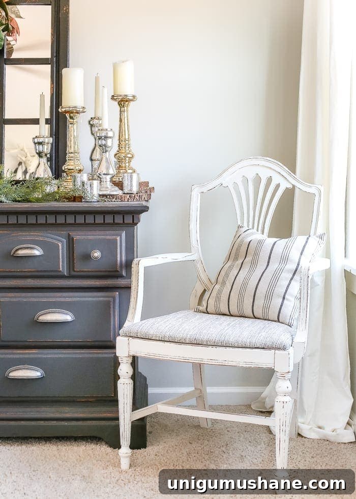 Hand-Painted Raw Silk Accent Chair for Master Bedroom 5 French Style Painted Master Bedroom Chair | The finished chair fits perfectly next to the dresser in the master bedroom.