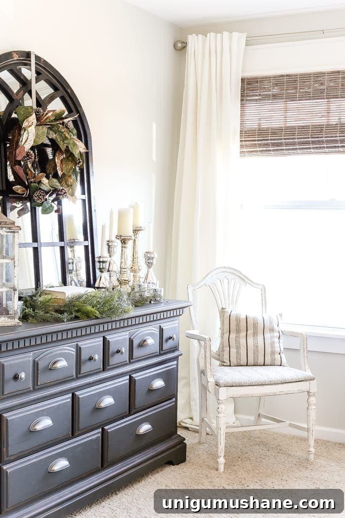 Hand-Painted Raw Silk Accent Chair for Master Bedroom 6 French Style Painted Master Bedroom Chair | Styled in a cozy winter-inspired bedroom corner.