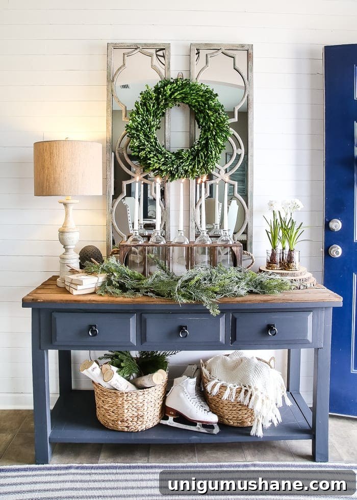 Winter Entryway and Foyer Decorating Ideas 3 6 After-Christmas Winter Foyer Decorating Ideas | blesserhouse.com - 6 tips for decorating a winter foyer or entryway after Christmas to create warm lighting and natural elements for a cozy, inviting space
