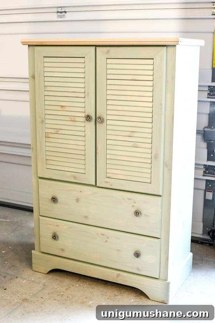 DIY Faux Antique Shutter Armoire Makeover 2 Faux Antique Shutter Armoire Makeover | blesserhouse.com - A basic veneer cabinet gets a faux antique makeover using Fusion Mineral Paint in the color Plaster aged with Espresso wax and cast iron hardware.