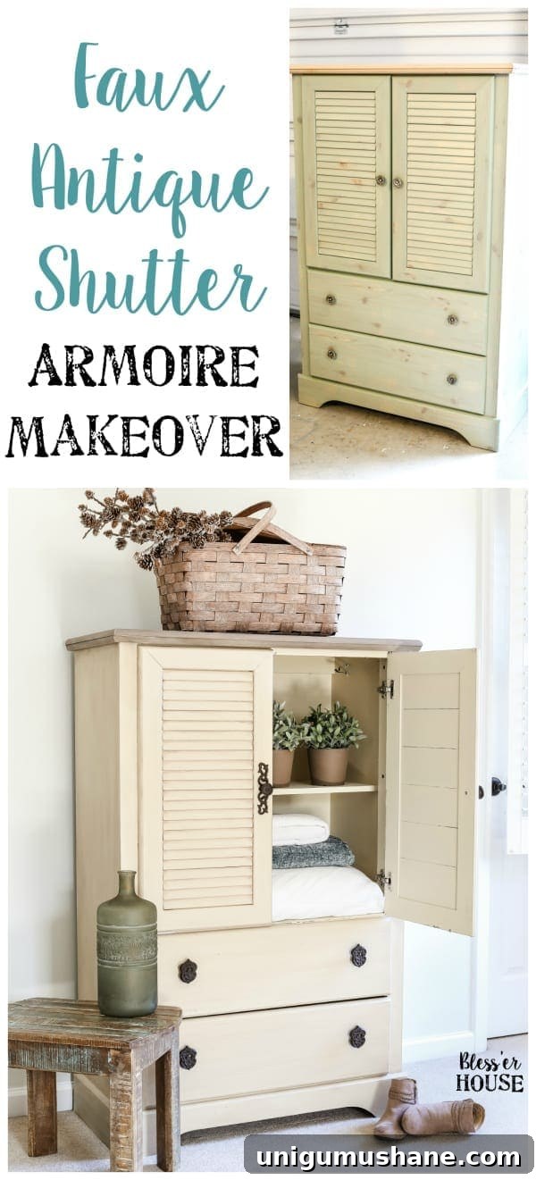 DIY Faux Antique Shutter Armoire Makeover 11 Faux Antique Shutter Armoire Makeover | blesserhouse.com - A basic veneer cabinet gets a faux antique makeover using Fusion Mineral Paint in the color Plaster aged with Espresso wax and cast iron hardware.