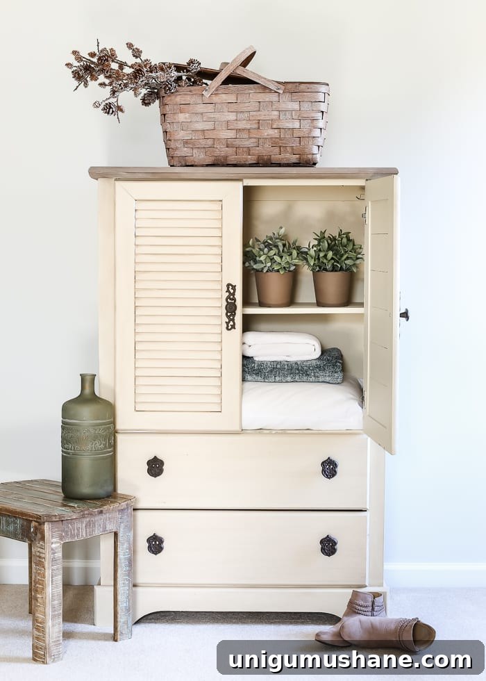 DIY Faux Antique Shutter Armoire Makeover 3 Faux Antique Shutter Armoire Makeover | blesserhouse.com - A basic veneer cabinet gets a faux antique makeover using Fusion Mineral Paint in the color Plaster aged with Espresso wax and cast iron hardware.