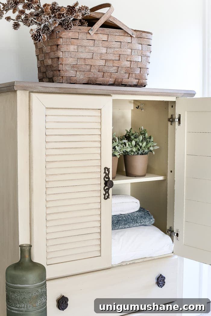 DIY Faux Antique Shutter Armoire Makeover 4 Faux Antique Shutter Armoire Makeover | blesserhouse.com - A basic veneer cabinet gets a faux antique makeover using Fusion Mineral Paint in the color Plaster aged with Espresso wax and cast iron hardware.