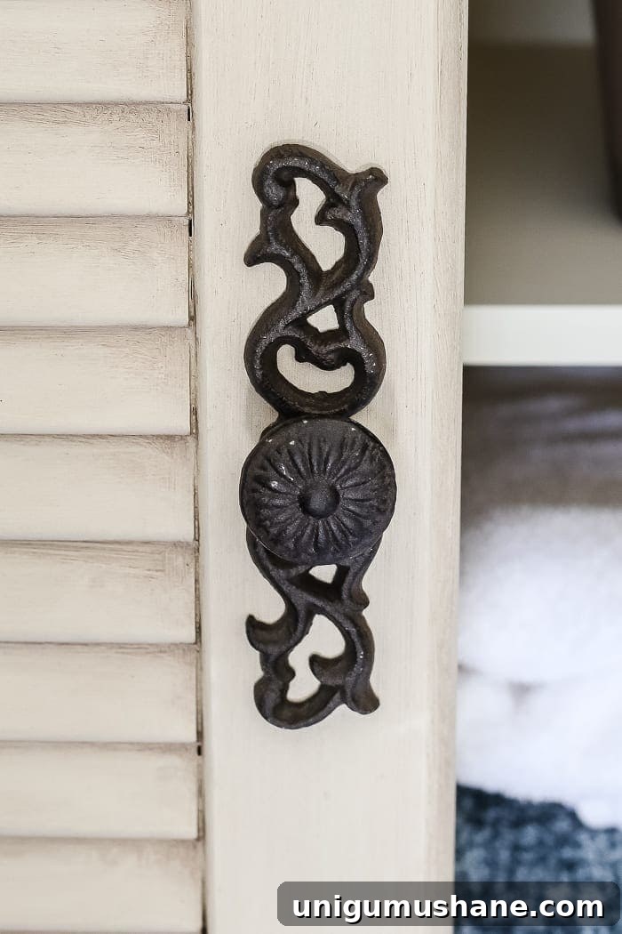 DIY Faux Antique Shutter Armoire Makeover 5 Faux Antique Shutter Armoire Makeover | blesserhouse.com - A basic veneer cabinet gets a faux antique makeover using Fusion Mineral Paint in the color Plaster aged with Espresso wax and cast iron hardware.