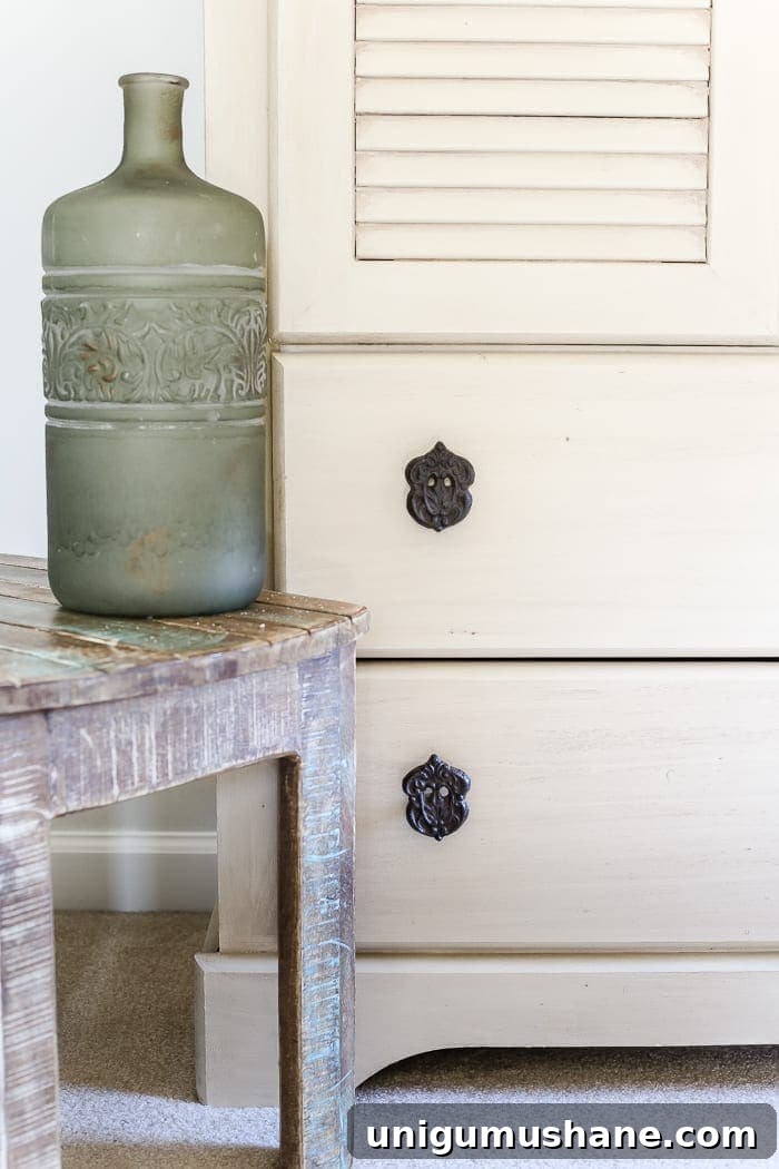 DIY Faux Antique Shutter Armoire Makeover 6 Faux Antique Shutter Armoire Makeover | blesserhouse.com - A basic veneer cabinet gets a faux antique makeover using Fusion Mineral Paint in the color Plaster aged with Espresso wax and cast iron hardware.