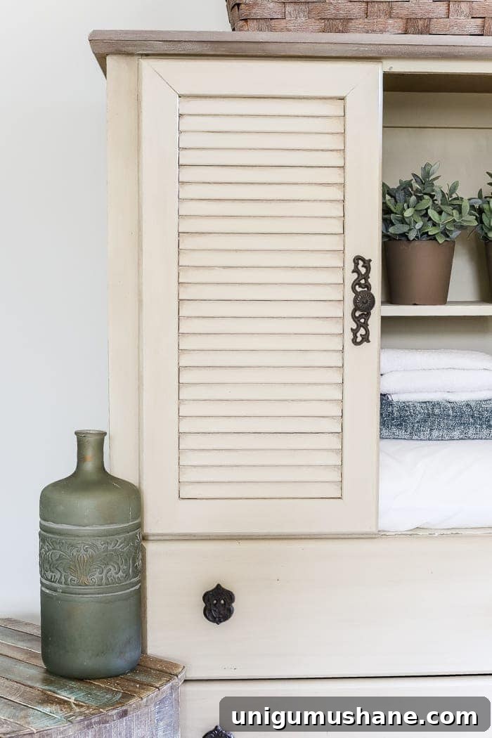 DIY Faux Antique Shutter Armoire Makeover 9 Faux Antique Shutter Armoire Makeover | blesserhouse.com - A basic veneer cabinet gets a faux antique makeover using Fusion Mineral Paint in the color Plaster aged with Espresso wax and cast iron hardware.