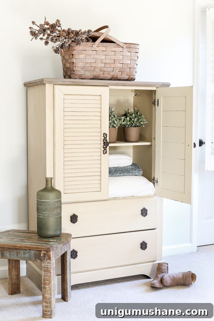 DIY Faux Antique Shutter Armoire Makeover 10 Faux Antique Shutter Armoire Makeover | blesserhouse.com - A basic veneer cabinet gets a faux antique makeover using Fusion Mineral Paint in the color Plaster aged with Espresso wax and cast iron hardware.