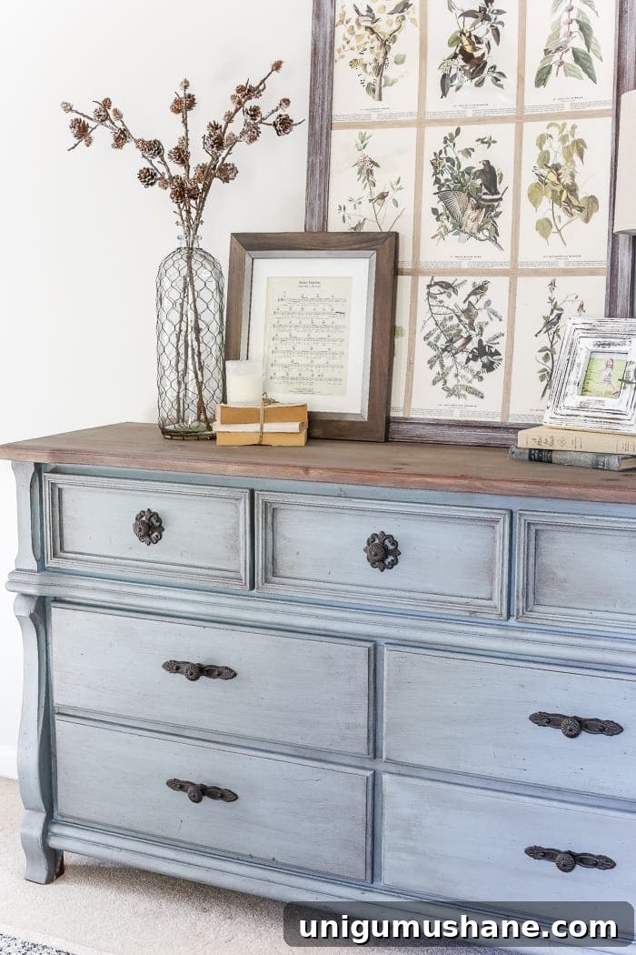 DIY French Blue Dresser Makeover: Paint and Refinish Tips 8 French Blue Dresser Makeover | blesserhouse.com - An orange wood thrifted dresser gets a French blue makeover using Fusion Mineral Paint in Champness and Homestead House Wax in Espresso.