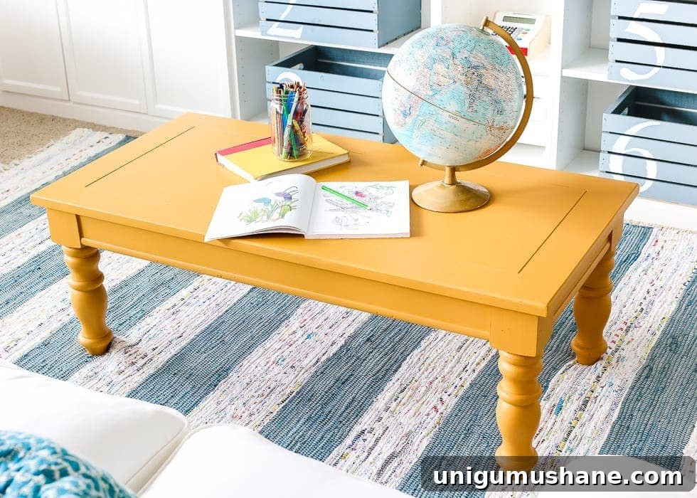 DIY Mustard Coffee Table Makeover for Playrooms 6 Mustard Playroom Coffee Table Makeover | blesserhouse.com - An old thrifted wooden coffee table gets a bright and cheerful makeover using Fusion Mineral Paint in Mustard for a fun addition to a playroom.
