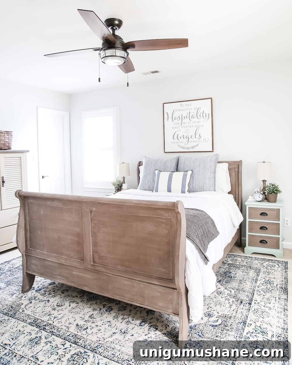 How to Paint and Refresh a Weathered Wood Bed 8 Painted Weathered Wood Bed Makeover | blesserhouse.com - A thrifted bed gets a painted weathered wood Restoration Hardware look with no messy furniture stripping and in 3 quick steps.