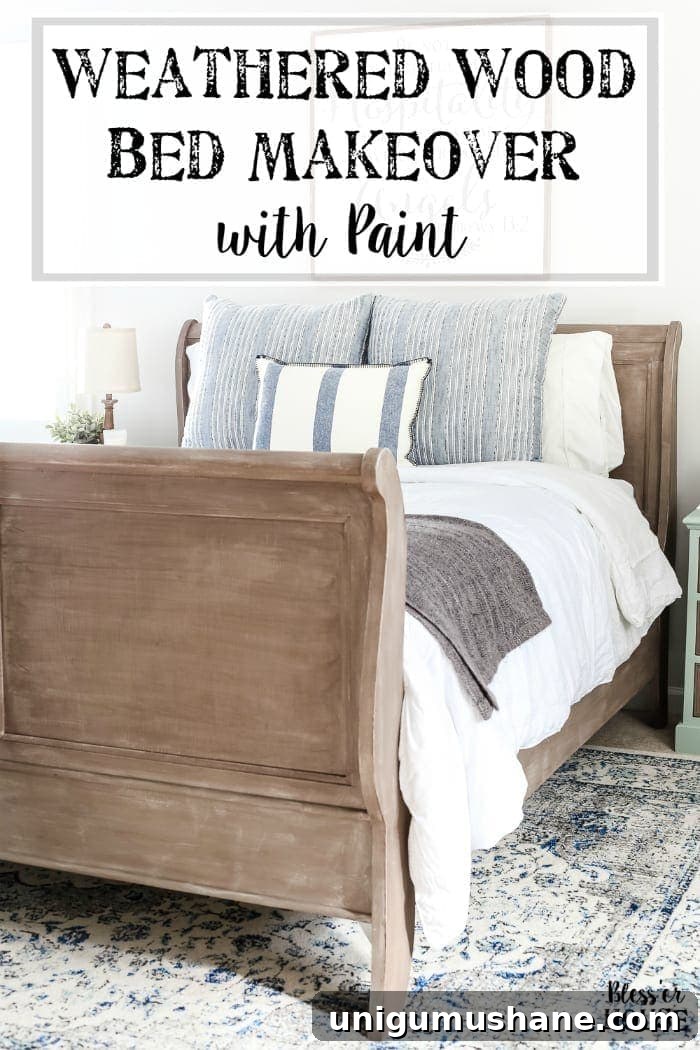 How to Paint and Refresh a Weathered Wood Bed 11 Painted Weathered Wood Bed Makeover | blesserhouse.com - A thrifted bed gets a painted weathered wood Restoration Hardware look with no messy furniture stripping and in 3 quick steps.