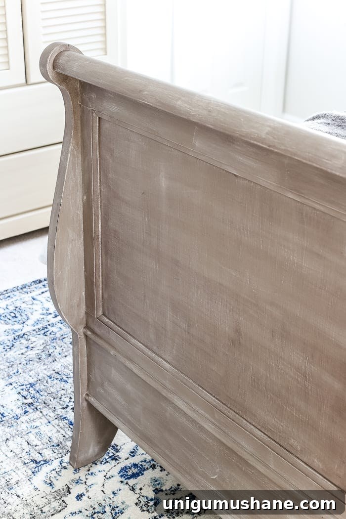How to Paint and Refresh a Weathered Wood Bed 6 Painted Weathered Wood Bed Makeover | blesserhouse.com - A thrifted bed gets a painted weathered wood Restoration Hardware look with no messy furniture stripping and in 3 quick steps.