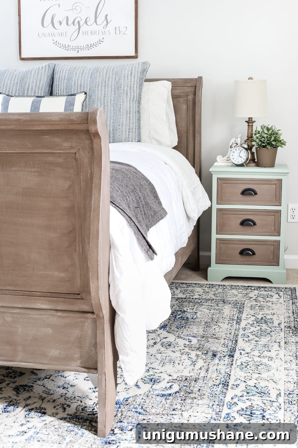 How to Paint and Refresh a Weathered Wood Bed 7 Painted Weathered Wood Bed Makeover | blesserhouse.com - A thrifted bed gets a painted weathered wood Restoration Hardware look with no messy furniture stripping and in 3 quick steps.