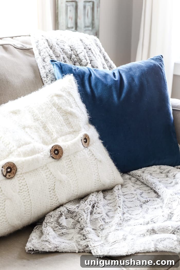 Add pillows and throw blankets for cozy home staging