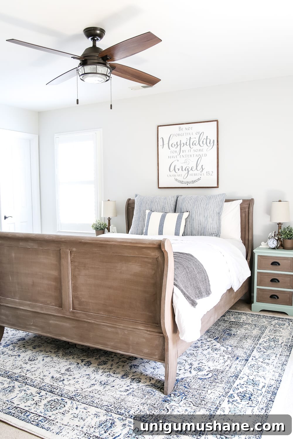 Cozy Blue Cottage Guest Bedroom Makeover: Before and After 3 Blue Cottage Style Guest Bedroom Makeover | blesserhouse.com - A dark and dated guest bedroom gets a cottage style makeover with serene shades of blue using Craigslist furniture and budget-friendly finds.