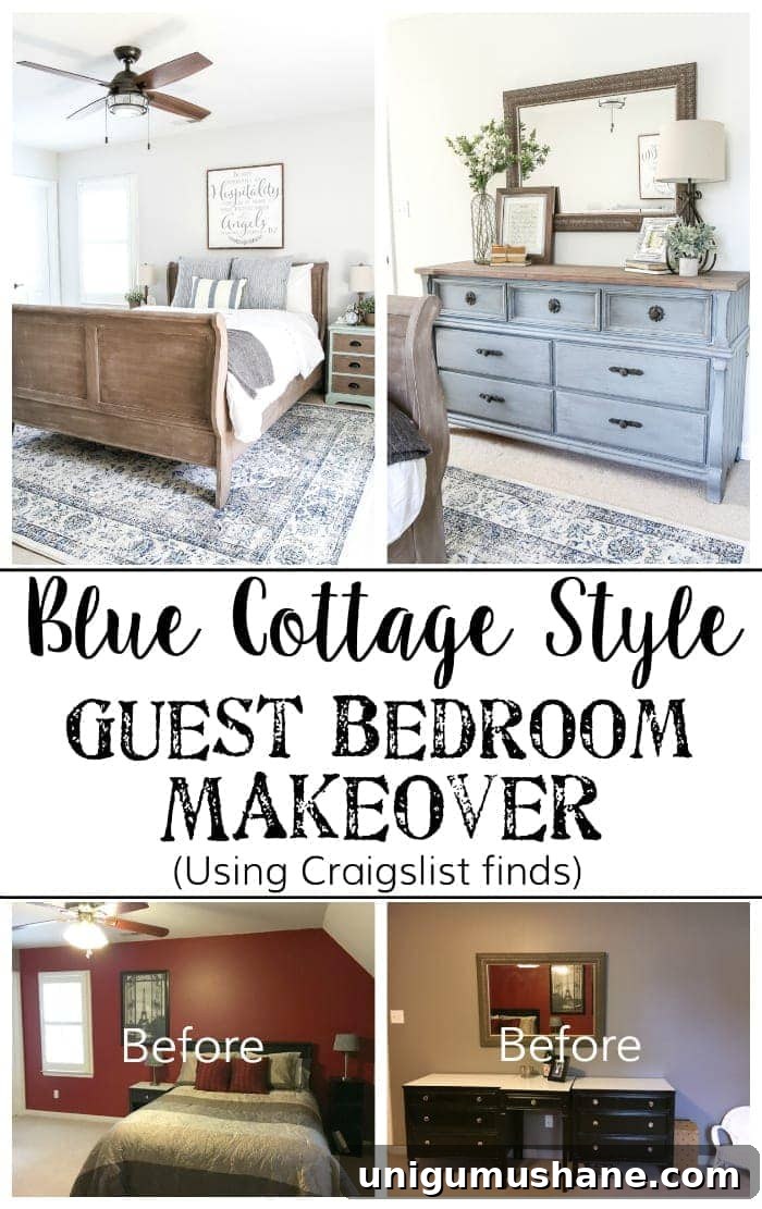Cozy Blue Cottage Guest Bedroom Makeover: Before and After 13 Blue Cottage Style Guest Bedroom Makeover | blesserhouse.com - A dark and dated guest bedroom gets a cottage style makeover with serene shades of blue using Craigslist furniture and budget-friendly finds.