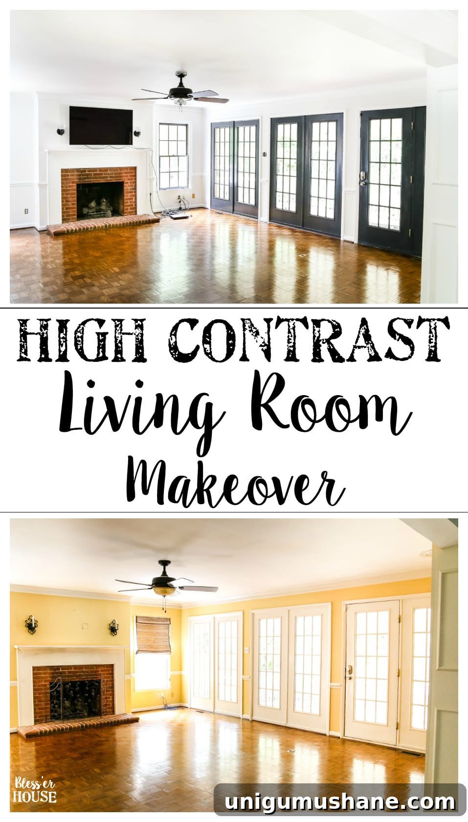 High-Contrast Paint Ideas to Transform Your Living Room 11 Living Room Makeover - High Contrast Paint | blesserhouse.com - A beige, dated living room gets a classic and chic high contrast makeover using just Benjamin Moore paint for a simple, inexpensive way to create drama.