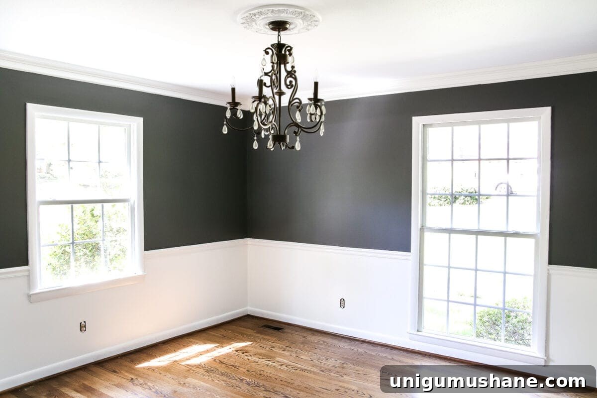 Dining Room Design Ideas for New Homes 3 Dining Room Beginnings | blesserhouse.com - A dining room gets a quick paint makeover with Benjamin Moore semi-gloss Simply White and eggshell Kendall Charcoal for a high contrast look.