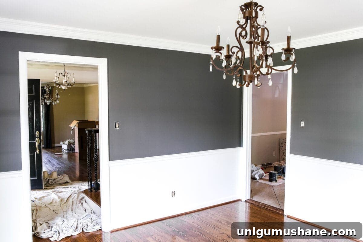 Dining Room Design Ideas for New Homes 4 Dining Room Beginnings | blesserhouse.com - A dining room gets a quick paint makeover with Benjamin Moore semi-gloss Simply White and eggshell Kendall Charcoal for a high contrast look.