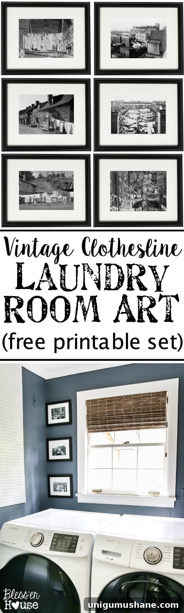 Vintage Clothesline Printable Wall Art for Laundry Room 13 Vintage Clothesline Laundry Room Art Printable Set | blesserhouse.com - A free downloadable printable set of 6 vintage black & white clothesline cityscape and countryscape photos perfect for framing in a laundry room.