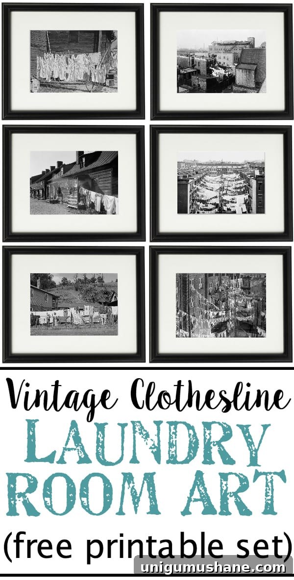 Vintage Clothesline Printable Wall Art for Laundry Room 7 Vintage Clothesline Laundry Room Art Printable Set | blesserhouse.com - A free downloadable printable set of 6 vintage black & white clothesline cityscape and countryscape photos perfect for framing in a laundry room.
