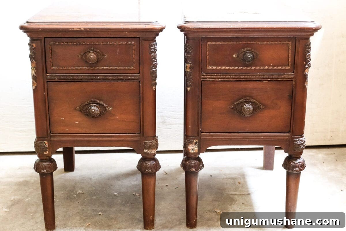 DIY Faux Gilded Nightstands with Gold Leaf Finish 2 Faux Gilded Nightstands | blesserhouse.com - A pair of old, broken wooden nightstands gets a bright white, French-inspired facelift with a faux gilded bronze finish.