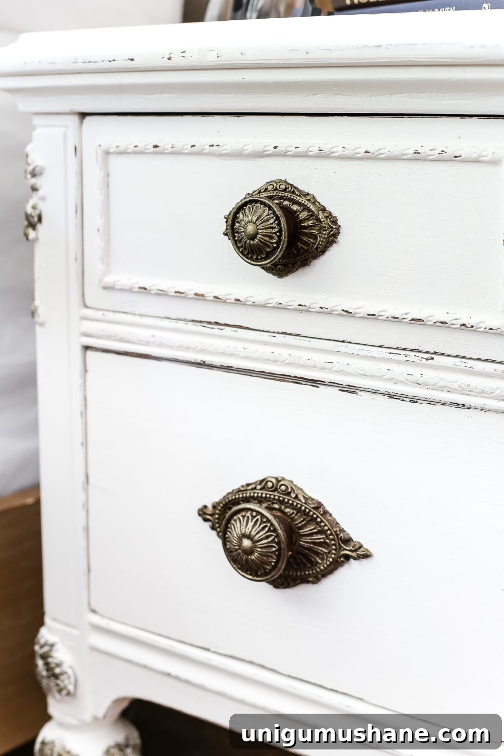 DIY Faux Gilded Nightstands with Gold Leaf Finish 9 Faux Gilded Nightstands | blesserhouse.com - A pair of old, broken wooden nightstands gets a bright white, French-inspired facelift with a faux gilded bronze finish.
